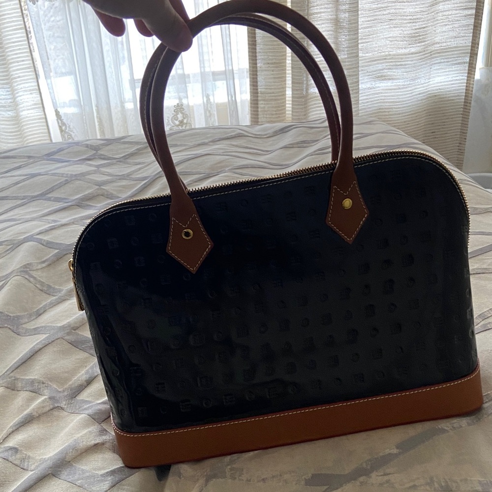 Arcadia Black Patent Satchel with Tan Trim